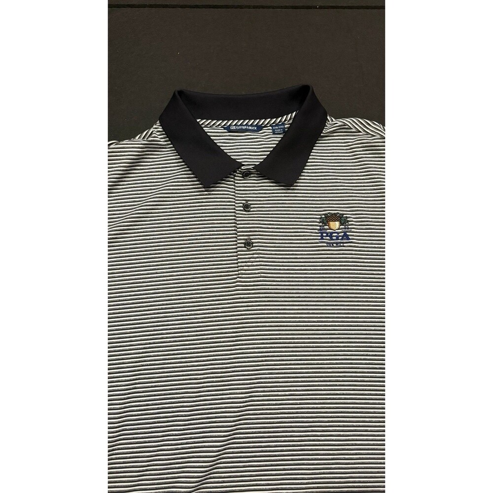 Cutter & Buck Polo Shirt Men XXXL Black Grey 3XLB Striped Golf PGA TOUR OAK HILL